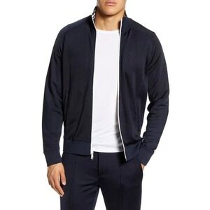 VINCE Striped Trim Track Jacket In Coastal Blue Men 2XL Full Zip Slim Fit $245